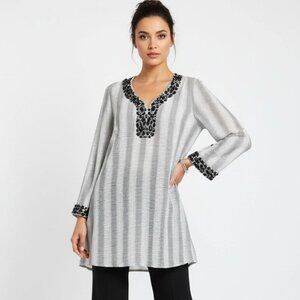 Adrienne Vittadini Black & White Stripe Embellished Sheer Tunic Blouse Top XL